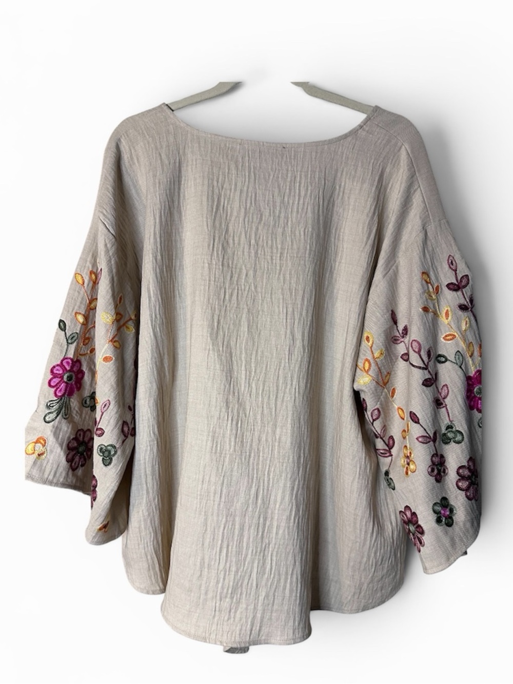 Olivia & Martin Embroidered Tie-Front V-Neck Blouse in Beige, 2X NWT - Picture 2 of 5